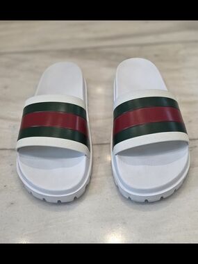 Authentic Gucci Men's White Slides with Green & Red Web Stripes